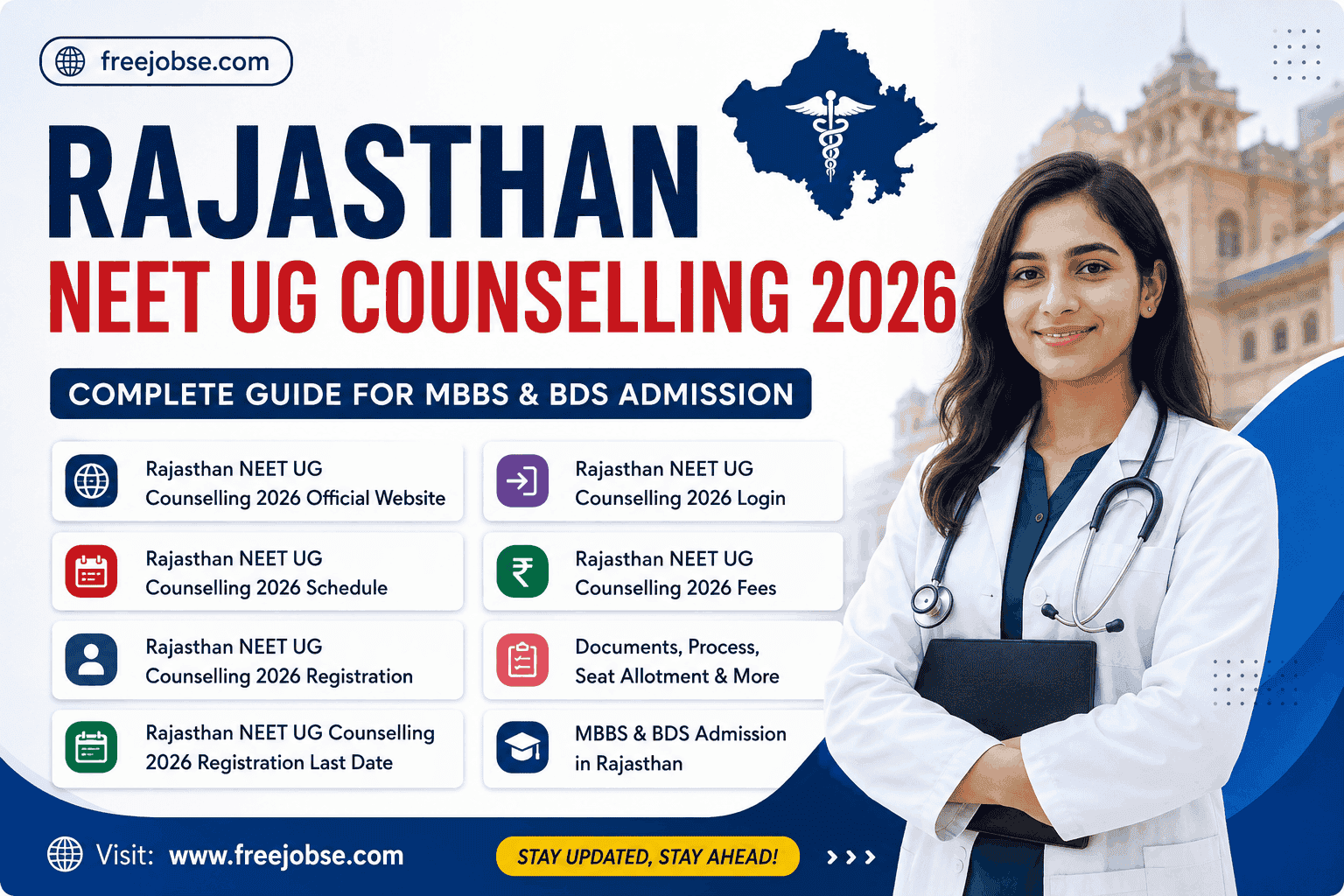 # Rajasthan NEET UG Counselling 2026: Registration, Schedule, Fees, Login, Last Date and Official Website ## Rajasthan NEET UG Counselling 2026 Rajasthan NEET UG Counselling 2026 is the admission process through which eligible candidates can secure seats in MBBS, BDS, B.Sc Nursing and other medical courses offered by government and private medical colleges across Rajasthan. Candidates who qualify for the NEET UG 2026 examination can participate in the counselling process based on their scores and eligibility criteria. The counselling process is expected to be conducted online, allowing students to register, fill their choices, upload required documents and complete seat allotment procedures from their homes. Every year, thousands of students participate in Rajasthan NEET UG Counselling to secure admission in their preferred medical colleges. Students are advised to keep all required documents ready before the counselling process starts. These documents generally include NEET scorecard, admit card, Class 10 and 12 mark sheets, identity proof, domicile certificate and category certificate, if applicable. --- ## Rajasthan NEET UG Counselling 2026 Official Website Candidates should complete all counselling-related activities only through the official website designated by the counselling authority. The official portal provides updates regarding registration dates, merit lists, seat matrix, counselling schedules, allotment results and reporting instructions. Students should avoid relying on unofficial websites or social media posts for important counselling information. The official website remains the most reliable source for announcements, notifications and admission-related updates. Before starting registration, candidates should carefully read the counselling guidelines available on the official portal to avoid mistakes during the application process. --- ## Rajasthan NEET UG Counselling 2026 Schedule The Rajasthan NEET UG Counselling 2026 schedule will include several important stages. Candidates must regularly check the counselling portal for the latest updates and deadlines. The expected counselling process may include: * Online Registration * Fee Payment * Document Upload * Merit List Publication * Choice Filling * Seat Allotment Result * College Reporting * Subsequent Counselling Rounds * Stray Vacancy Round Students should complete each step within the specified time period. Missing any deadline may result in disqualification from the counselling process. It is recommended that candidates save copies of their registration forms, payment receipts and allotment letters for future reference. The schedule may vary depending on the counselling authority and the release of NEET UG 2026 results. Therefore, candidates should frequently monitor official notifications. --- ## Rajasthan NEET UG Counselling 2026 Registration Registration is the first and most important step of the counselling process. Only registered candidates will be allowed to participate in seat allotment rounds. During registration, candidates may be required to: 1. Visit the official counselling website. 2. Create a login account. 3. Enter NEET UG 2026 details. 4. Fill personal and academic information. 5. Upload necessary documents. 6. Pay the counselling registration fee. 7. Submit the application form. Candidates should carefully verify all information before final submission. Incorrect details may lead to rejection of the application during document verification. After successful registration, applicants should download and save the confirmation page. This document may be required during future stages of counselling and admission. --- ## Rajasthan NEET UG Counselling 2026 Registration Last Date The registration last date is one of the most important deadlines for medical aspirants. Candidates who fail to register before the closing date may lose the opportunity to participate in that counselling round. Students should avoid waiting until the final day because technical issues, heavy website traffic or payment failures can occur near the deadline. Completing registration early provides sufficient time to correct errors and upload documents properly. Applicants are advised to keep checking official notifications regarding registration opening and closing dates. Any extension or revision in the schedule will usually be announced through the official counselling portal. Missing the registration deadline can significantly impact a candidate's admission chances, especially for popular government medical colleges. --- ## Rajasthan NEET UG Counselling 2026 Login The login portal plays an important role throughout the counselling process. After registration, candidates receive login credentials that allow access to various counselling services. Using the login dashboard, students can: * Check application status. * Upload or update documents. * Complete choice filling. * View merit lists. * Download allotment letters. * Monitor counselling updates. * Check reporting instructions. Candidates should keep their login credentials secure and avoid sharing them with others. Losing access to login details may create difficulties during counselling. It is also recommended to use a valid mobile number and email address while registering, as important notifications may be sent through these communication channels. --- ## Rajasthan NEET UG Counselling 2026 Fees Candidates participating in Rajasthan NEET UG Counselling 2026 may need to pay registration and counselling fees as prescribed by the counselling authority. The fee amount can vary depending on: * Category of the candidate. * Type of counselling round. * Government or private college preferences. * Security deposit requirements. Payment is generally completed through online modes such as debit cards, credit cards, net banking or UPI. Candidates should ensure that payment is successfully processed and keep a copy of the transaction receipt. Failure to pay the required counselling fee within the specified period may result in cancellation of the application. Therefore, students should complete fee payment immediately after registration. --- ## Documents Required for Rajasthan NEET UG Counselling 2026 Candidates should prepare the following documents before registration: * NEET UG 2026 Scorecard * NEET UG Admit Card * Class 10 Mark Sheet * Class 12 Mark Sheet * Transfer Certificate * Character Certificate * Passport Size Photographs * Aadhaar Card or Other Identity Proof * Domicile Certificate * Category Certificate (if applicable) * EWS Certificate (if applicable) Keeping scanned copies ready in advance can make the registration process smoother and faster. --- ## Seat Allotment Process Seat allotment is conducted based on NEET rank, category, seat availability and choices filled by candidates. After allotment, students must download the allotment letter and report to the assigned institution within the specified period. If a candidate is not satisfied with the allotted seat, they may participate in further counselling rounds depending on the applicable rules and guidelines. Government medical colleges generally attract higher competition due to lower fees and strong academic reputation. Therefore, candidates should carefully prioritize their college choices during the choice filling stage. --- ## Conclusion Rajasthan NEET UG Counselling 2026 is a crucial admission process for students seeking medical education in Rajasthan. Candidates should stay updated regarding the official website, counselling schedule, registration process, login details, fees structure and registration last date. Completing each step carefully and within the prescribed deadlines can improve the chances of securing admission in a preferred medical college. Students are encouraged to regularly check official notifications and keep all necessary documents ready to ensure a smooth counselling experience. Proper planning, timely registration and informed decision-making can help candidates successfully navigate the Rajasthan NEET UG Counselling 2026 process.