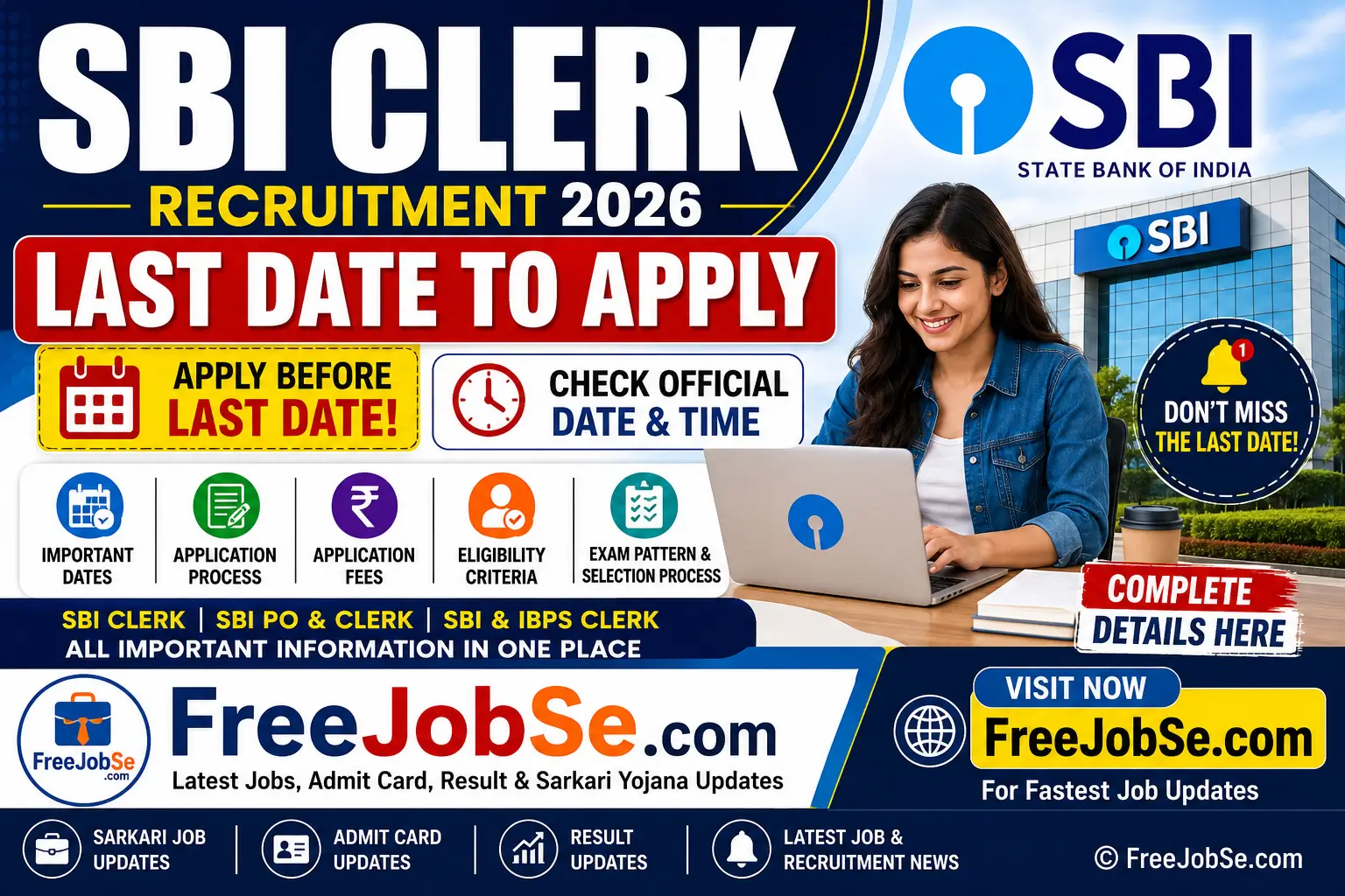 # SBI Clerk Last Date to Apply 2026: Complete Guide on Application Form, Important Dates, Fees and Eligibility ## SBI Clerk Last Date to Apply 2026 Every year, lakhs of banking aspirants wait for the SBI Clerk recruitment notification. The State Bank of India is one of the most respected banking institutions in the country, and securing a Clerk position is considered a great career opportunity for fresh graduates and job seekers. As candidates begin preparing for the upcoming recruitment cycle, one of the most searched questions is regarding the **SBI Clerk Last Date to Apply 2026**. Understanding the application deadline is extremely important because missing the last date means losing the opportunity to appear in one of India's most competitive banking examinations. Candidates should regularly check recruitment updates and complete their registration process well before the closing date to avoid last-minute issues. This article covers everything related to SBI Clerk 2026, including the application form, eligibility criteria, application fees, important dates, selection process and frequently asked questions. --- ## SBI Clerk Recruitment 2026 Overview The SBI Clerk Recruitment 2026 notification is expected to be released by the State Bank of India to fill Junior Associate (Customer Support and Sales) vacancies across various branches. The recruitment process attracts candidates from every state because of the attractive salary package, career growth opportunities and job security offered by SBI. ### Recruitment Highlights | Particulars | Details | | ----------------- | ------------------------------ | | Organization Name | State Bank of India (SBI) | | Post Name | Junior Associate (Clerk) | | Recruitment Year | 2026 | | Job Type | Banking Job | | Application Mode | Online | | Selection Process | Preliminary Exam, Main Exam | | Job Location | Across India | | Category | Government Banking Recruitment | The official notification will contain complete information regarding vacancies, reservation details, eligibility conditions and exam schedules. --- ## SBI Clerk Notification 2026 Candidates interested in the recruitment process should carefully read the SBI Clerk Notification 2026 once it is released. The notification acts as the official guide and includes all recruitment-related information. Important details available in the notification generally include: * Number of Vacancies * State-wise Vacancies * Eligibility Criteria * Age Limit * Educational Qualification * Application Fee * Selection Process * Exam Pattern * Syllabus * Admit Card Information * Result Details Reading the notification thoroughly can help candidates avoid mistakes while filling out the application form. --- ## SBI Clerk Last Date to Apply 2026 One of the biggest concerns among applicants is the last date for submitting the online application form. The registration window generally remains open for a limited period, and candidates are expected to complete all formalities before the deadline. Applicants should remember that waiting until the final day can be risky due to: * High server traffic * Payment failures * Internet connectivity issues * Document upload errors * Technical website problems Therefore, candidates should complete their applications as soon as possible after the registration process begins. --- ## SBI Clerk Application Form 2026 The SBI Clerk Application Form 2026 will be available online through the official recruitment portal. No offline applications are usually accepted. Before starting the registration process, candidates should keep the following documents ready. ### Required Documents * Passport-size photograph * Signature image * Graduation certificate * Identity proof * Active mobile number * Valid email address * Category certificate (if applicable) Providing accurate information during registration is important because discrepancies may lead to application rejection during verification. --- ## SBI Clerk Application Last Date and Time Many candidates search specifically for the **SBI Clerk Application Last Date and Time**. The online registration portal usually closes automatically after the specified deadline. Candidates should keep the following points in mind: ### Important Points * Registration must be completed before the deadline. * Fee payment should be completed within the allowed period. * Applications submitted after the closing date are not accepted. * Incomplete applications may be rejected. * Candidates should save a copy of the submitted application form. Submitting the form early helps reduce the chances of facing technical issues during the final hours. --- ## SBI Clerk Application Fees Application fee payment is an important step in the registration process. The fee can generally be paid through various online payment methods. ### Accepted Payment Methods * Debit Card * Credit Card * UPI * Net Banking * Mobile Banking * Other Online Payment Options ### Expected Fee Structure | Category | Application Fee | | -------- | ---------------------------- | | General | As Per Official Notification | | OBC | As Per Official Notification | | EWS | As Per Official Notification | | SC | As Per Official Notification | | ST | As Per Official Notification | | PwBD | As Per Official Notification | Candidates should verify the exact fee amount from the official notification before making payment. --- ## SBI PO and SBI Clerk Last Date to Apply 2026 A large number of candidates prepare for both SBI PO and SBI Clerk examinations. Since these are separate recruitment processes, the application dates and deadlines may differ. ### SBI PO vs SBI Clerk | Feature | SBI Clerk | SBI PO | | ----------------- | ------------------- | --------------------------- | | Position | Junior Associate | Probationary Officer | | Recruitment Level | Entry-Level Banking | Officer Cadre | | Selection Stages | Prelims + Mains | Prelims + Mains + Interview | | Responsibility | Customer Service | Administrative & Managerial | Candidates interested in both examinations should monitor notifications separately to ensure they do not miss application deadlines. --- ## SBI and IBPS Clerk Last Date to Apply Banking aspirants often compare SBI Clerk and IBPS Clerk recruitments because both provide opportunities in the banking sector. ### Key Differences | Particulars | SBI Clerk | IBPS Clerk | | -------------------- | ------------------- | ---------------------------------------- | | Conducting Authority | State Bank of India | Institute of Banking Personnel Selection | | Recruitment Area | SBI Branches | Participating Banks | | Exam Stages | Prelims & Mains | Prelims & Mains | | Career Opportunities | SBI Network | Multiple Banks | Applicants should carefully track both notifications and their respective application deadlines. --- ## Eligibility Criteria Before applying, candidates must ensure they satisfy the eligibility requirements. ### Educational Qualification Candidates should possess a Graduation Degree from a recognized university before the date specified in the official notification. ### Age Limit | Criteria | Age Requirement | | -------------- | ----------------------- | | Minimum Age | 20 Years | | Maximum Age | 28 Years | | Age Relaxation | As Per Government Rules | Reserved category candidates may receive age relaxation according to applicable guidelines. --- ## SBI Clerk Selection Process The SBI Clerk recruitment process generally consists of two stages. ### Preliminary Examination Subjects generally include: * English Language * Numerical Ability * Reasoning Ability ### Main Examination Subjects generally include: * General Awareness * General English * Quantitative Aptitude * Reasoning Ability * Computer Aptitude The final selection process is conducted according to the recruitment rules announced in the official notification. --- ## How to Apply for SBI Clerk 2026 Candidates can complete the online registration process by following these simple steps. ### Application Process 1. Visit the official SBI recruitment portal. 2. Complete the registration process. 3. Fill personal information carefully. 4. Enter educational details. 5. Upload required documents. 6. Pay the application fee. 7. Review all details. 8. Submit the application form. 9. Download the confirmation page. Keeping a printed copy of the application form is recommended for future reference. --- ## Important Dates | Event | Status | | ----------------------- | ------------------ | | Notification Release | To Be Announced | | Application Start Date | To Be Announced | | Last Date to Apply | To Be Announced | | Fee Payment Last Date | To Be Announced | | Admit Card Release | Before Examination | | Preliminary Examination | To Be Announced | | Main Examination | To Be Announced | | Result Declaration | To Be Announced | --- ## Frequently Asked Questions ### What is the SBI Clerk last date to apply 2026? The official application deadline will be announced through the SBI Clerk 2026 notification. ### Can I submit the application form after the last date? No. Applications submitted after the deadline are generally not accepted. ### Is the application process online? Yes, candidates are required to complete the application process online. ### What qualification is required for SBI Clerk? A graduation degree from a recognized university is generally required. ### Is SBI Clerk a good career option? Yes, SBI Clerk is considered a stable banking career with attractive salary, allowances and promotion opportunities. --- ## Final Words The SBI Clerk Recruitment 2026 is expected to attract a large number of applicants from across the country. Candidates who wish to secure a position in India's largest public sector bank should stay updated regarding the SBI Clerk last date to apply 2026, application form availability, fee payment deadlines and examination schedules. Applying early, preparing consistently and following official updates can significantly improve the overall recruitment experience and help candidates move closer to achieving their banking career goals.